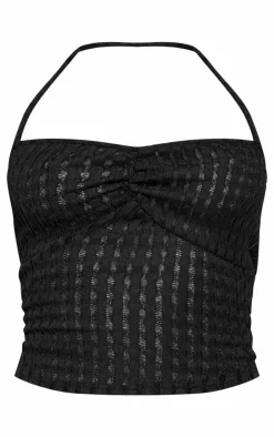 New PrettyLittleThing Textured Wrap Detail Halterneck Crop Top Black