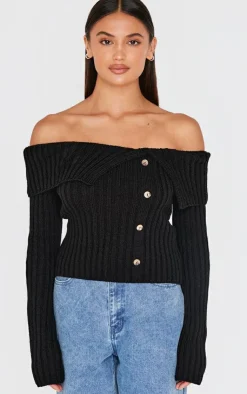 PrettyLittleThing Knitted Tops*Thick Rib Bardot Foldover Button Up Top