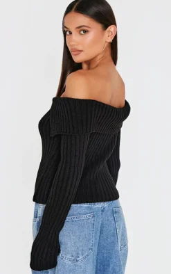 PrettyLittleThing Knitted Tops*Thick Rib Bardot Foldover Button Up Top