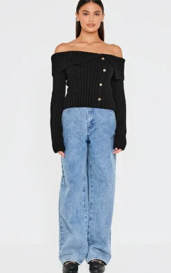 PrettyLittleThing Knitted Tops*Thick Rib Bardot Foldover Button Up Top