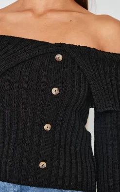 PrettyLittleThing Knitted Tops*Thick Rib Bardot Foldover Button Up Top