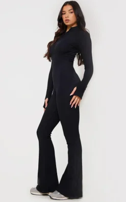 Black Thumbhole Zip Detail Rib Jumpsuit