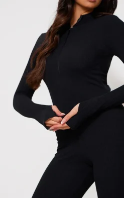 Black Thumbhole Zip Detail Rib Jumpsuit