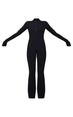 Black Thumbhole Zip Detail Rib Jumpsuit