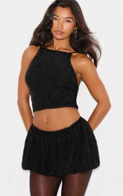 PrettyLittleThing Tinsel Knit Detail Cami Crop Top Black