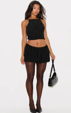 PrettyLittleThing Tinsel Knit Detail Cami Crop Top Black