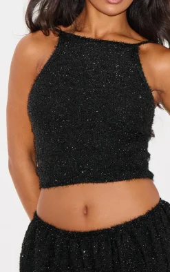 PrettyLittleThing Tinsel Knit Detail Cami Crop Top Black