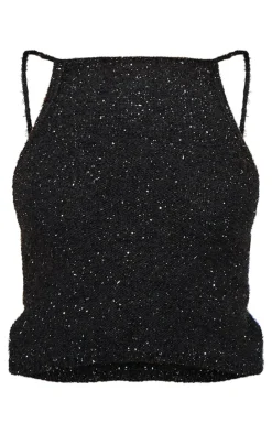 PrettyLittleThing Tinsel Knit Detail Cami Crop Top Black