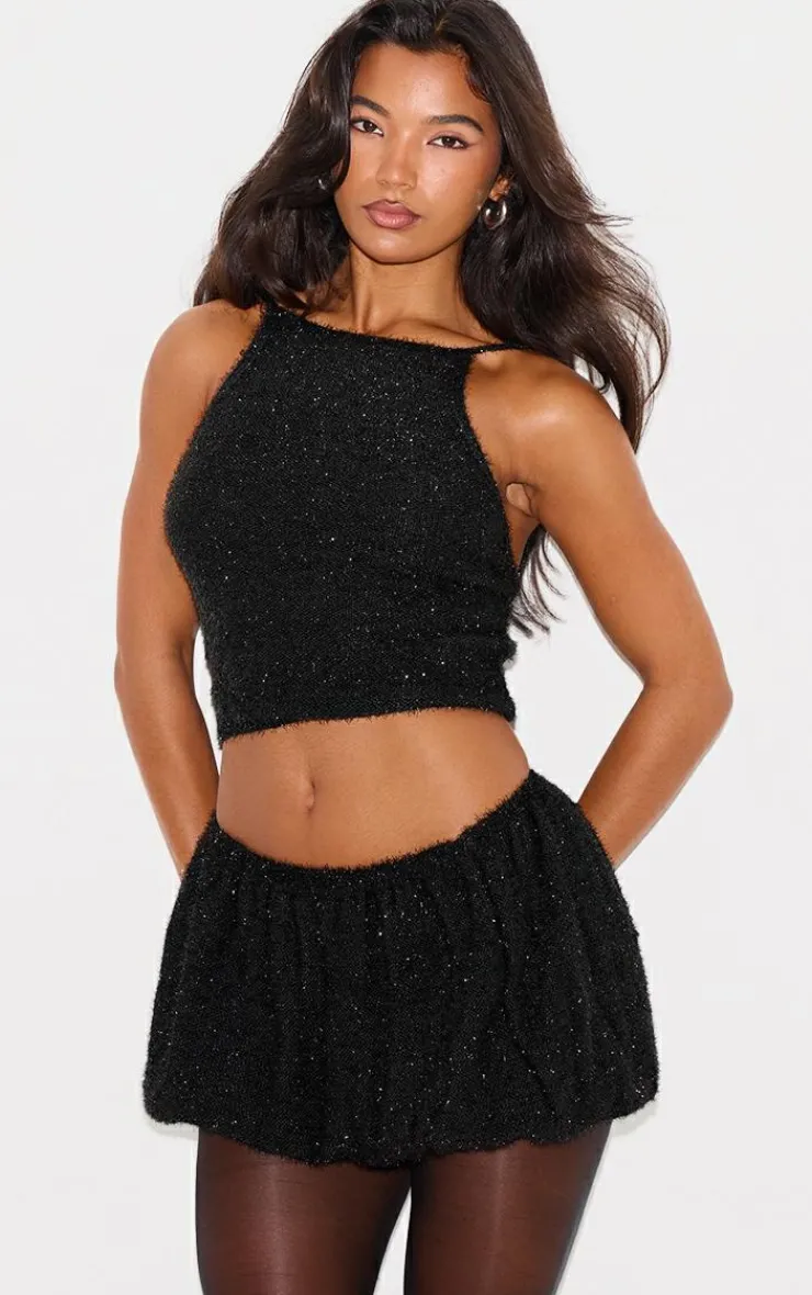 Best PrettyLittleThing Tinsel Knit Detail Puffball Skirt Black