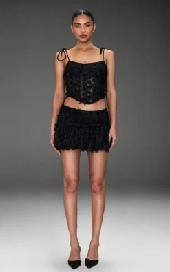 Sale PrettyLittleThing Tinsel Lace Puff Hem Skirt Black
