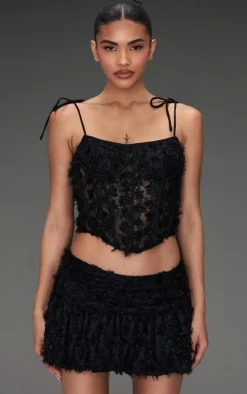 Sale PrettyLittleThing Tinsel Lace Puff Hem Skirt Black