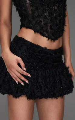 Sale PrettyLittleThing Tinsel Lace Puff Hem Skirt Black