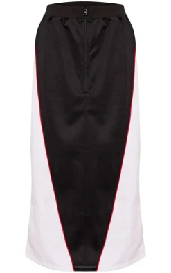 Black Tricot Zip Front Color Block Maxi Skirt