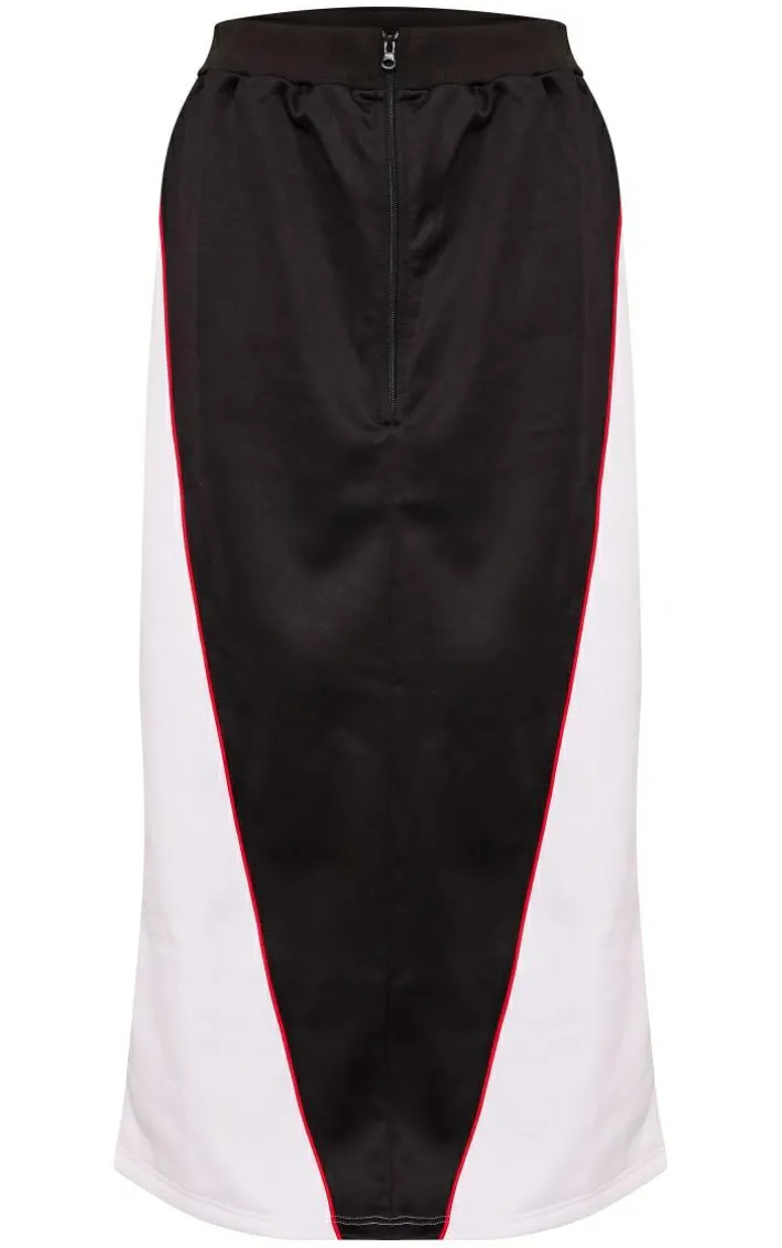 Black Tricot Zip Front Color Block Maxi Skirt