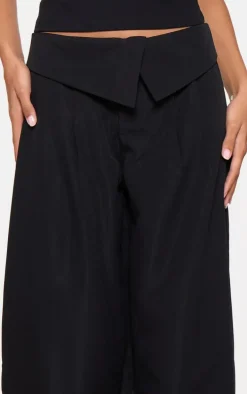 Black Turnover Waistband Detail Wide Leg Tailored Pants