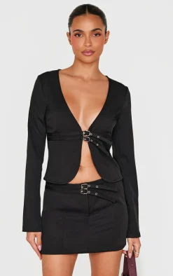 PrettyLittleThing Twill Buckle Detail Long Sleeve Top Black
