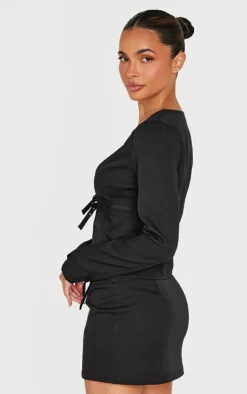 PrettyLittleThing Twill Buckle Detail Long Sleeve Top Black
