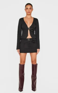 PrettyLittleThing Twill Buckle Detail Long Sleeve Top Black