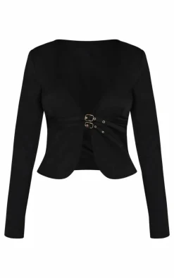 PrettyLittleThing Twill Buckle Detail Long Sleeve Top Black