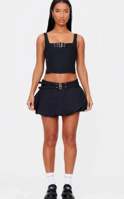 Clearance PrettyLittleThing Twill Buckle Puff Ball Skirt Black