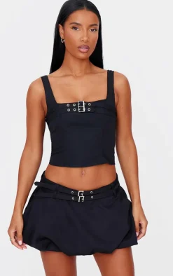 Clearance PrettyLittleThing Twill Buckle Puff Ball Skirt Black