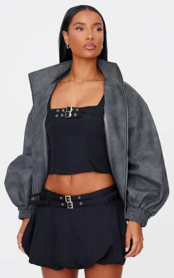 Clearance PrettyLittleThing Twill Buckle Puff Ball Skirt Black