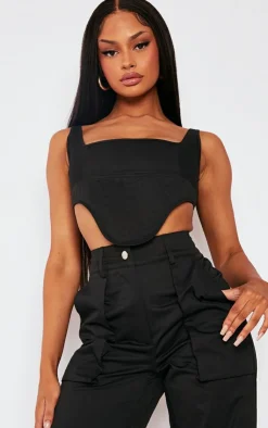 New PrettyLittleThing Twill Dip Hem Structured Cargo Corset Black