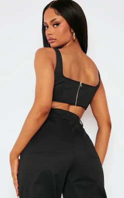 New PrettyLittleThing Twill Dip Hem Structured Cargo Corset Black