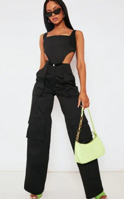 New PrettyLittleThing Twill Dip Hem Structured Cargo Corset Black
