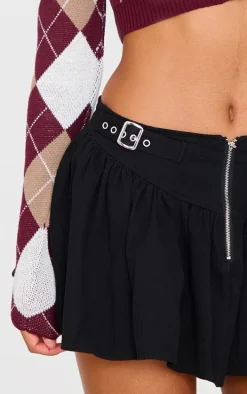 Black Twill Double Buckle Detail Mini Skirt