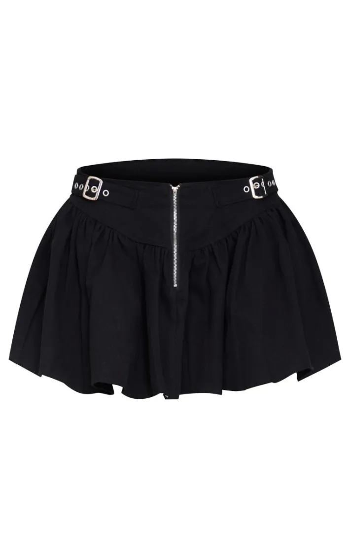 Black Twill Double Buckle Detail Mini Skirt
