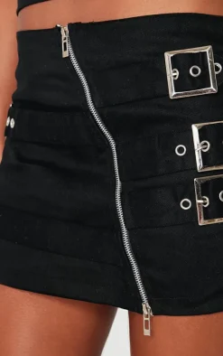 Black Twill Multi Belt Detail Mini Skirt