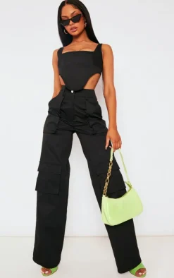Sale PrettyLittleThing Twill Pocket Detail High Waist Cargo Pants Black