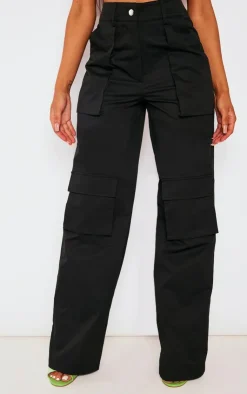 Sale PrettyLittleThing Twill Pocket Detail High Waist Cargo Pants Black