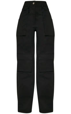 Sale PrettyLittleThing Twill Pocket Detail High Waist Cargo Pants Black