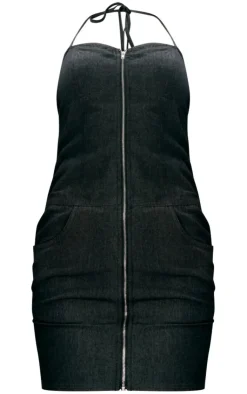 Twill Zip Up Pocket Halterneck Bodycon Dress-PrettyLittleThing Discount