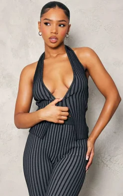 Hot PrettyLittleThing Two Tone Knit Halter Neck Split Top Black