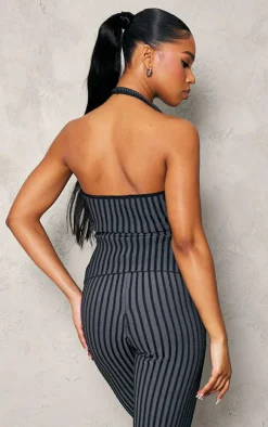 Hot PrettyLittleThing Two Tone Knit Halter Neck Split Top Black