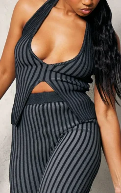 Hot PrettyLittleThing Two Tone Knit Halter Neck Split Top Black
