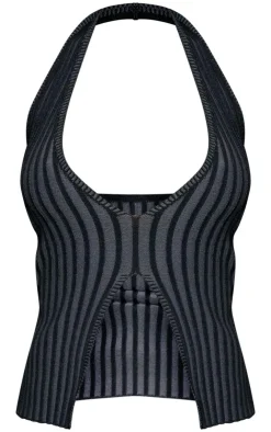 Hot PrettyLittleThing Two Tone Knit Halter Neck Split Top Black