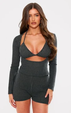Online PrettyLittleThing Two Tone Rib Hot Pant Black