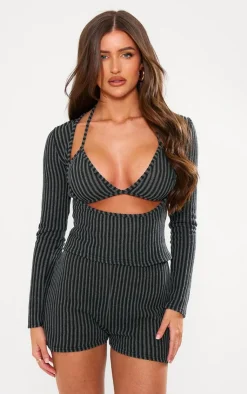 New PrettyLittleThing Two Tone Rib Long Sleeve Bikini Detail Top Black