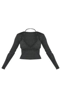 New PrettyLittleThing Two Tone Rib Long Sleeve Bikini Detail Top Black