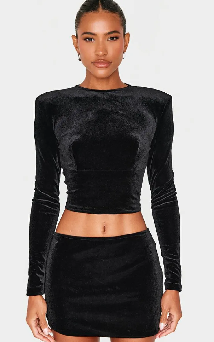 Sale PrettyLittleThing Velvet Long Sleeve Long Top Black