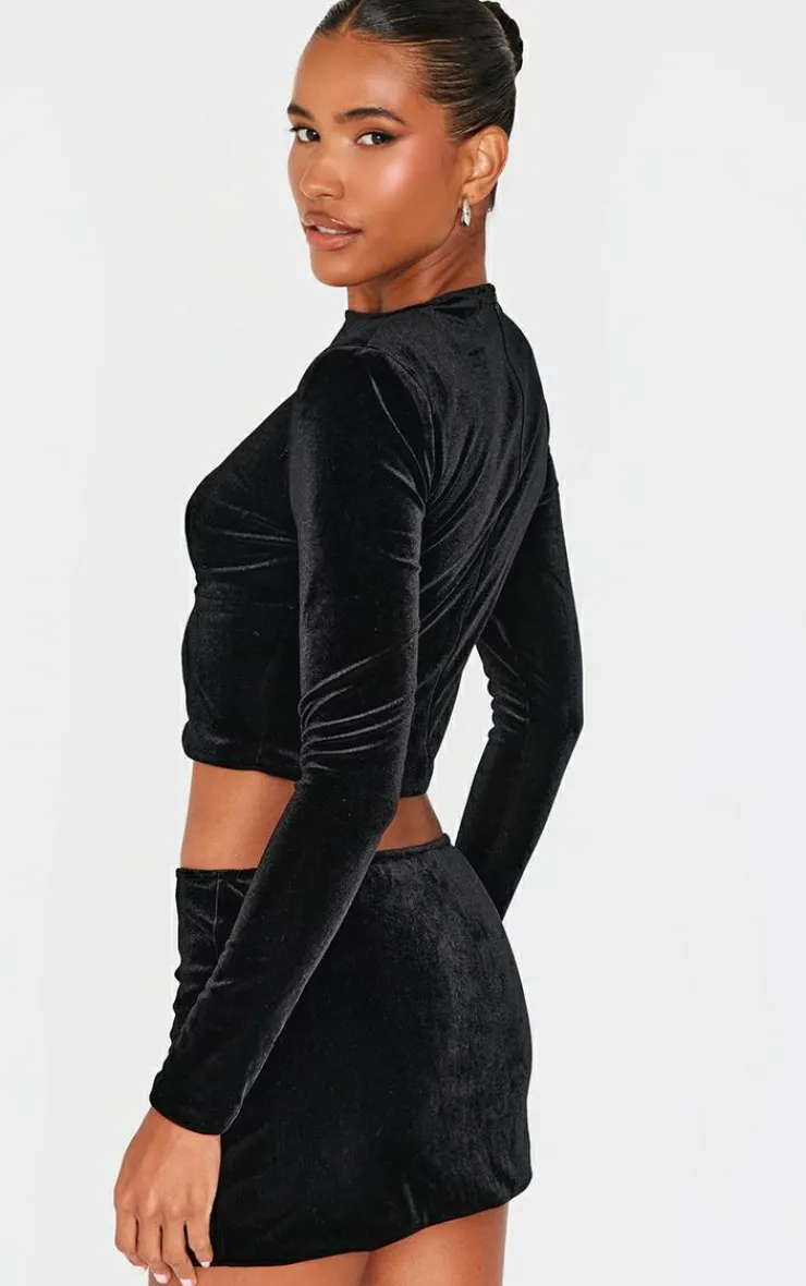 Sale PrettyLittleThing Velvet Long Sleeve Long Top Black