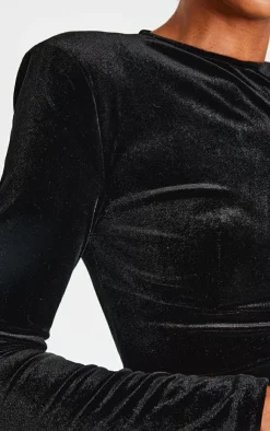 Sale PrettyLittleThing Velvet Long Sleeve Long Top Black
