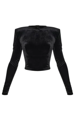 Sale PrettyLittleThing Velvet Long Sleeve Long Top Black