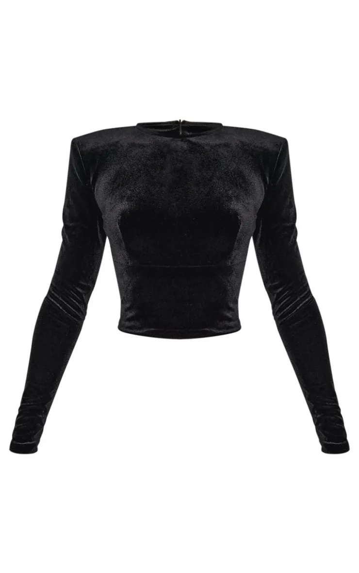 Sale PrettyLittleThing Velvet Long Sleeve Long Top Black