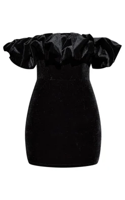 Velvet Bardot Ruffle Bodycon Dress-PrettyLittleThing