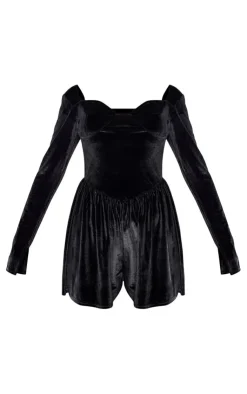 Velvet Cup Detail Long Sleeve Skater Romper-PrettyLittleThing Clearance